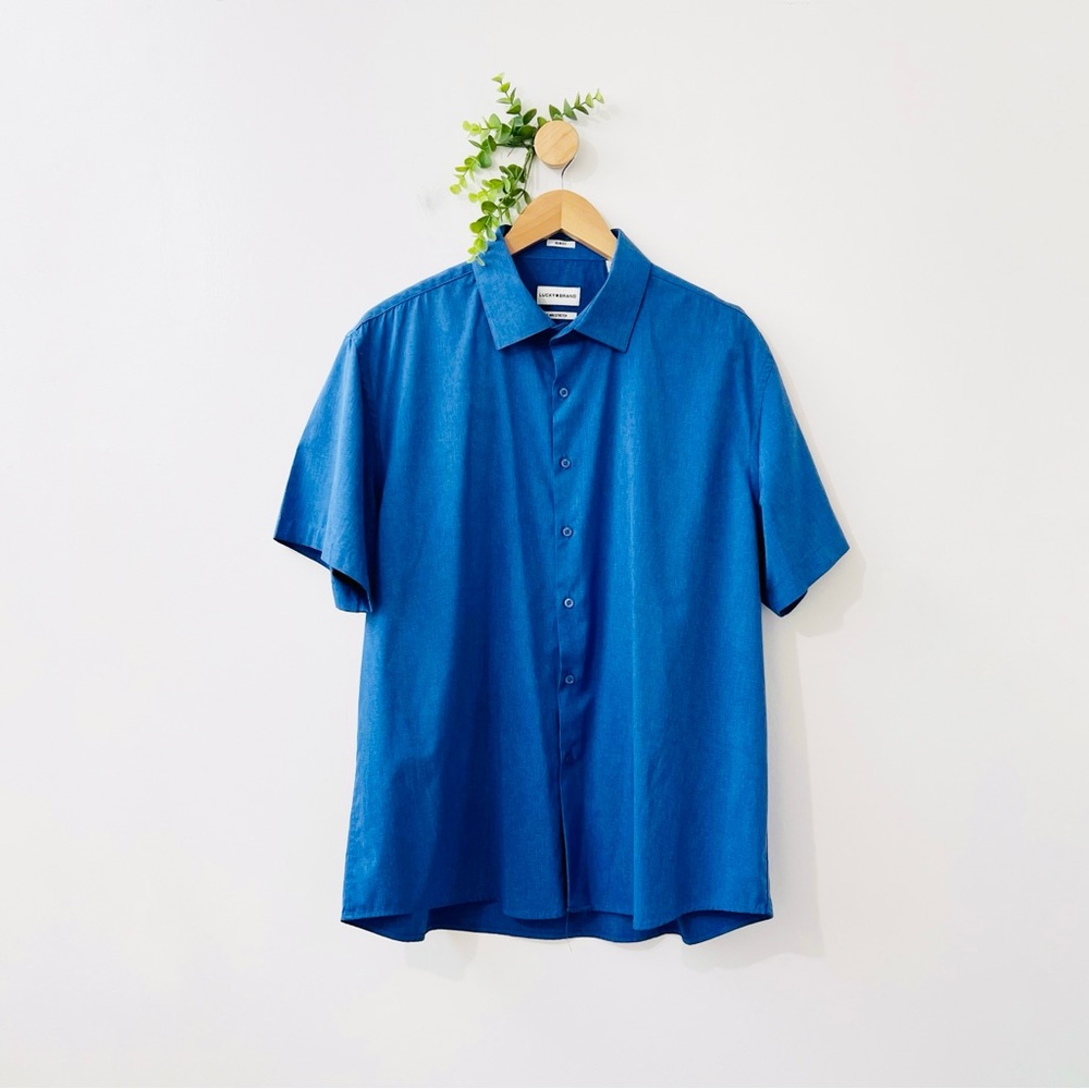 Lucky Brand Blue 4-Way Stretch Short Sleeve Slim Button Down Shirt